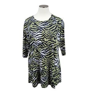 Ulla Popken Green Black Zebra Print Top Knit Tunic Tee Cotton Women's Plus Size